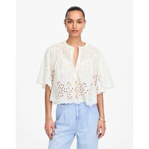 Madewell Womens Size XXS Embroidered Shirred Henley Top in White FLAW $98 2662